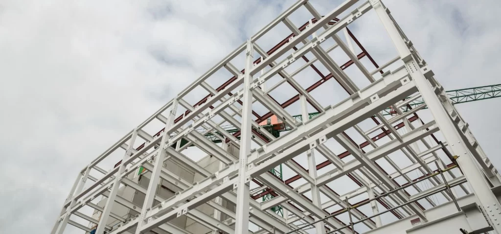 White structural steel Building view from bottom